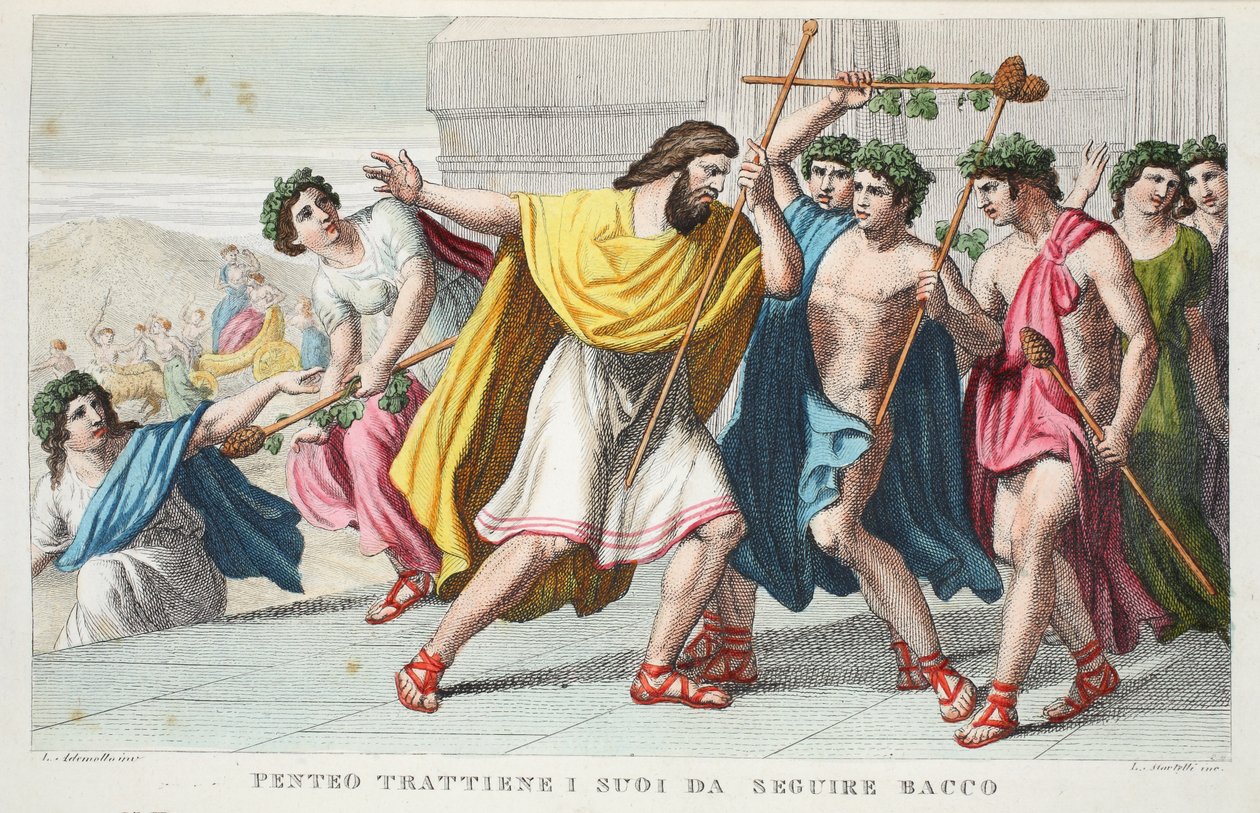 Pentheus يضطهد تلاميذ باخوس أو Penteo Trattiene I suoi da Seguire Bacco ، الكتاب الثالث ، رسم توضيحي من تحولات Ovid ، فلورنسا ، 1832 (النقش اليدوي) بواسطة لويجي أديمولو