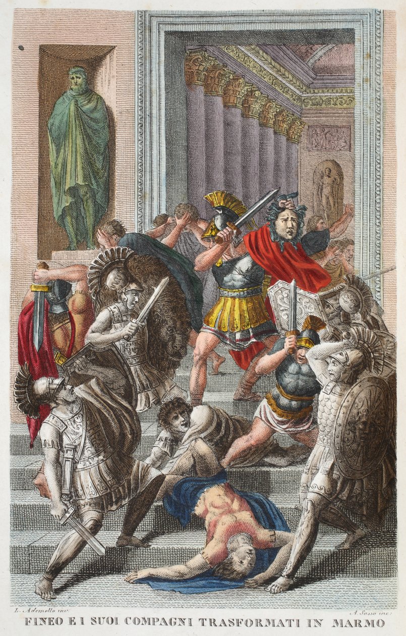 Phineus والأصدقاء في الحجر أو Fineo ei suoi Compagni Transformati in Marmo ، الكتاب الخامس ، رسم توضيحي من Ovid&39;s Metamorphoses ، فلورنسا ، 1832 (النقش اليدوي) بواسطة لويجي أديمولو