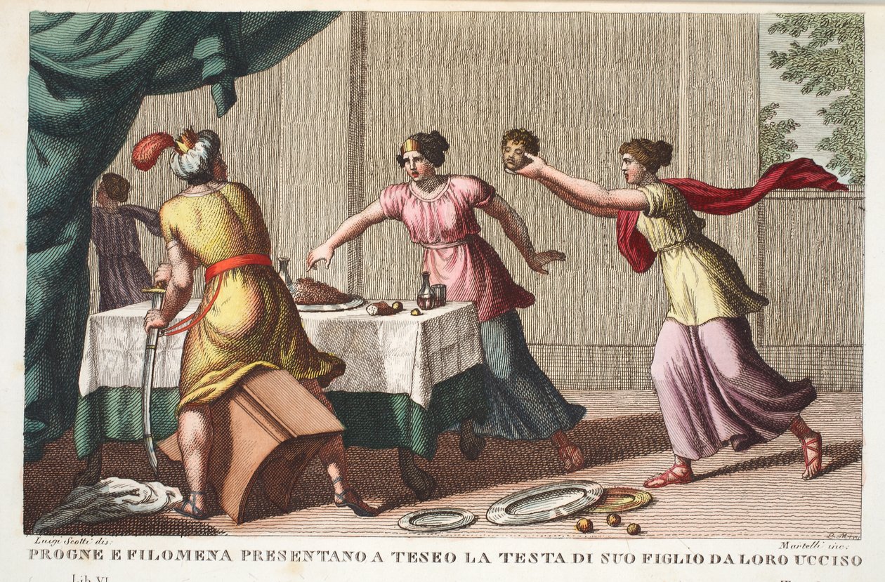 Procne ، Philomela ، و Tereus Driven Insane أو Progne and Filomena تقدم إلى Teseo رأس ابنه بواسطة The Kill ، الكتاب السادس ، توضيح من Ovid&39;s Metamorphoses ، فلورنسا ، 1832 (لون اليد بواسطة لويجي أديمولو