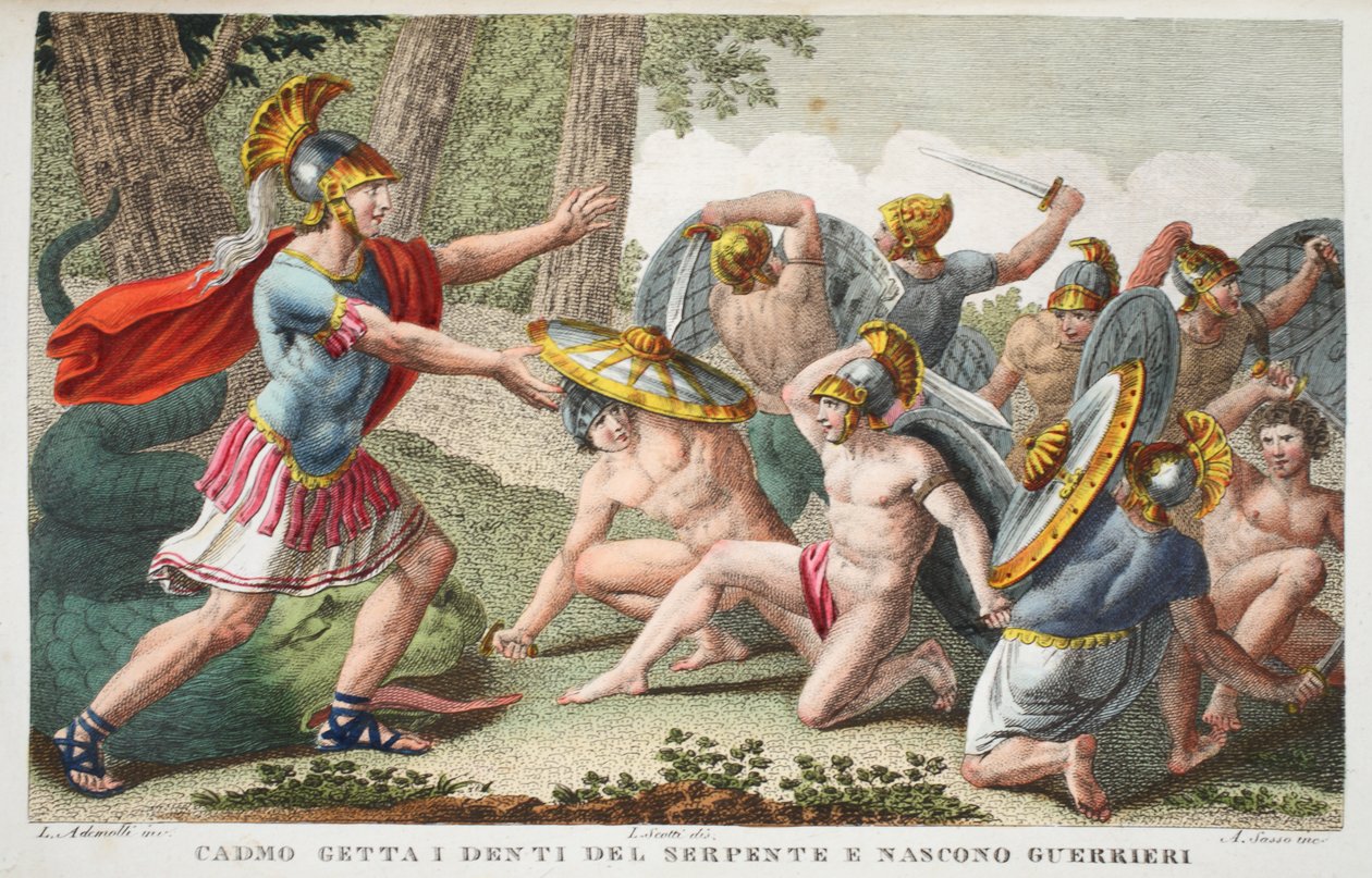 ينحدر الجنود من أسنان الثعبان أو Cadmo getta I denti del serpente e nascono Guerrieri ، رسم توضيحي من تحولات Ovid ، فلورنسا ، 1832 (النقش اليدوي) بواسطة لويجي أديمولو