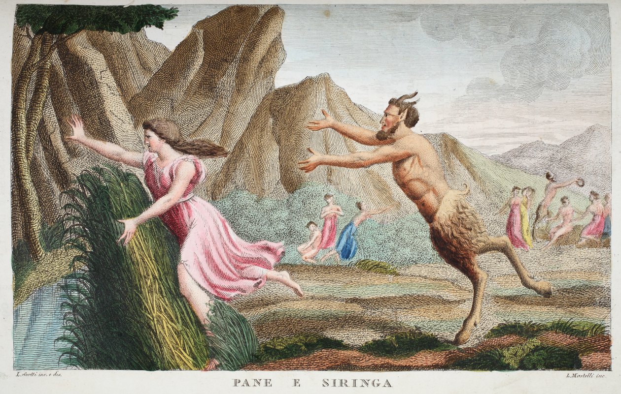 حقنة في ريد أو باني سيرينغا ، الكتاب الأول ، رسم توضيحي من تحولات أوفيد ، فلورنسا ، 1832 (نقش يدوي) بواسطة لويجي أديمولو
