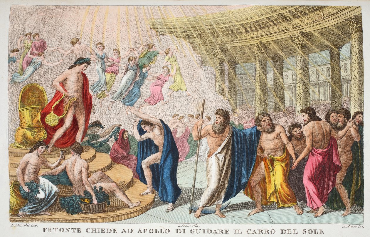 قصر الشمس أو Fetonte يطلب من Apollo توجيه عربة الشمس ، الكتاب الثاني ، التوضيح من Ovid&39;s Metamorphoses ، فلورنسا ، 1832 (النقش اليدوي) بواسطة لويجي أديمولو