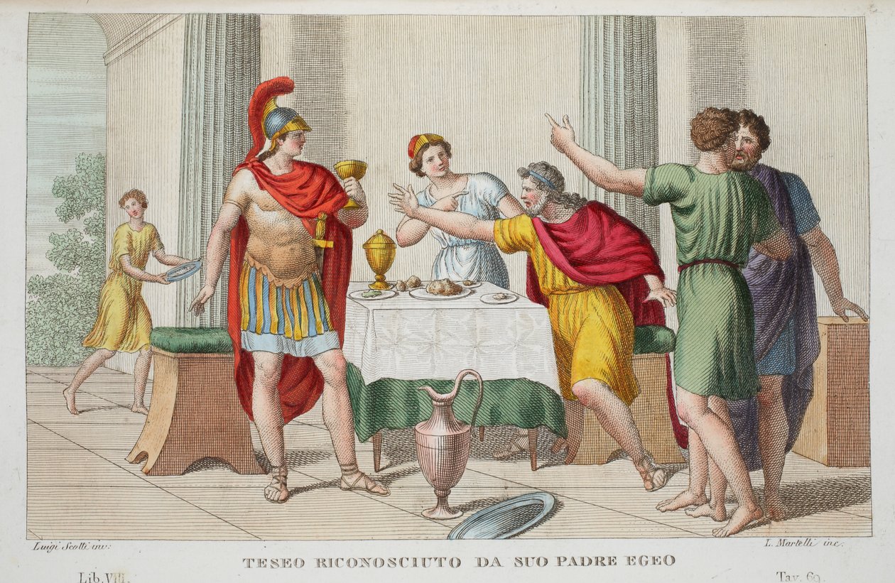 معترف بثيسيوس أو Teseo Riconosciuto da Suo Padre Egeo ، الكتاب السابع ، رسم توضيحي من تحولات Ovid ، فلورنسا ، 1832 (نقش يدوي) بواسطة لويجي أديمولو