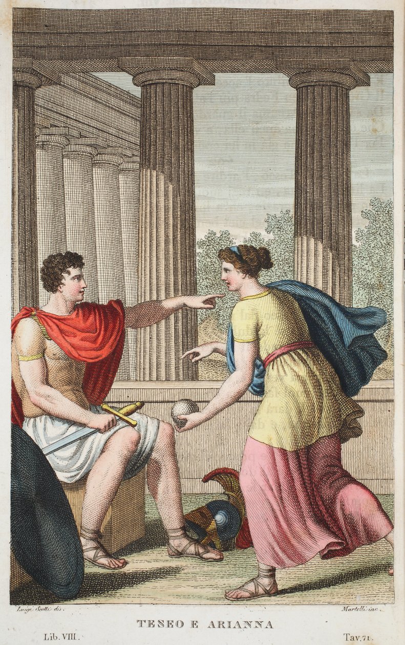 ثيسيوس وأريادن أو Terro e Arianna ، الكتاب الثامن ، رسم توضيحي من تحولات أوفيد ، فلورنسا ، 1832 (نقش يدوي) بواسطة لويجي أديمولو