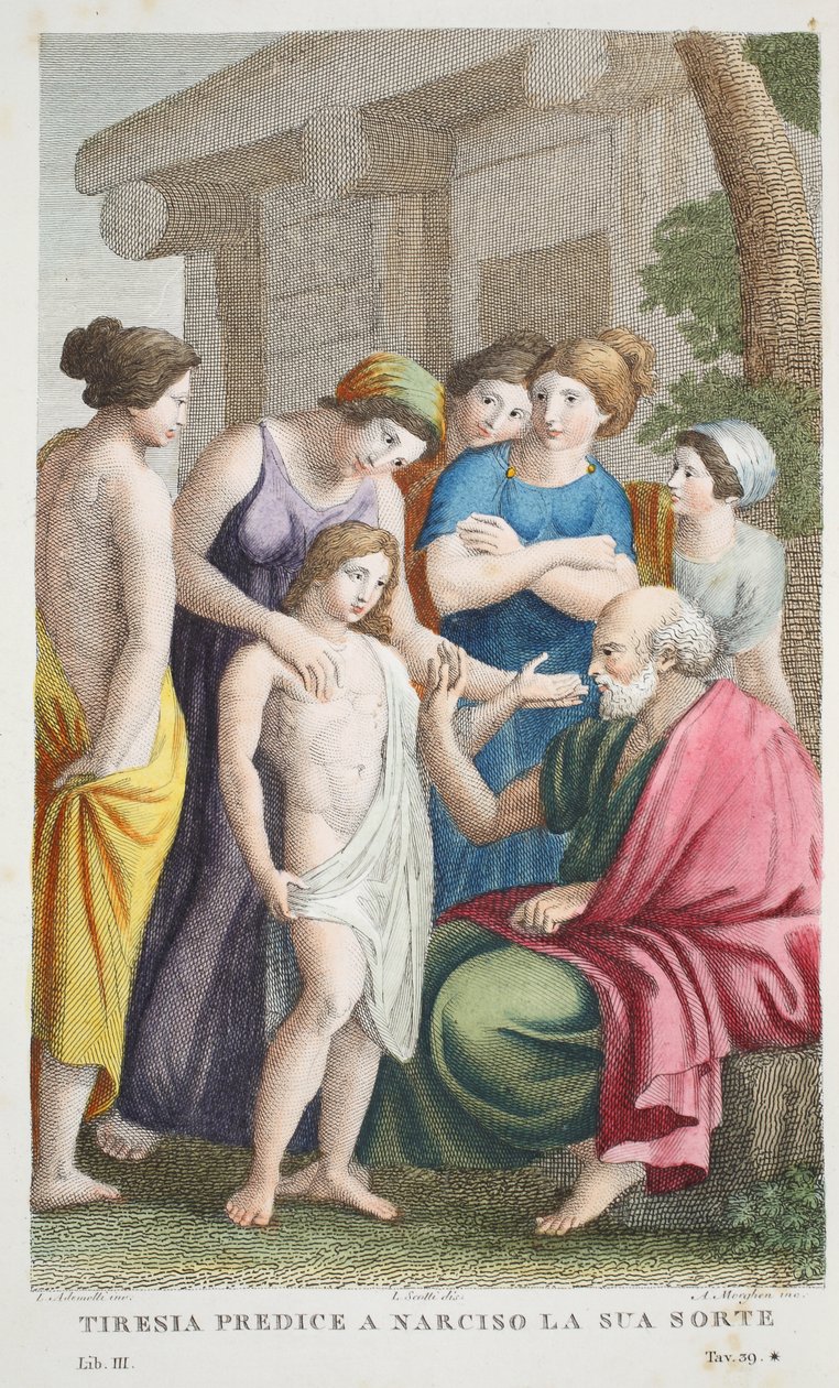 Tiresias Prophesies or Tirenia predes a Narciso la sua Sorte، Book III، Illustration from Ovid&39;s Metamorphoses، Florence، 1832 (النقش اليدوي) بواسطة لويجي أديمولو