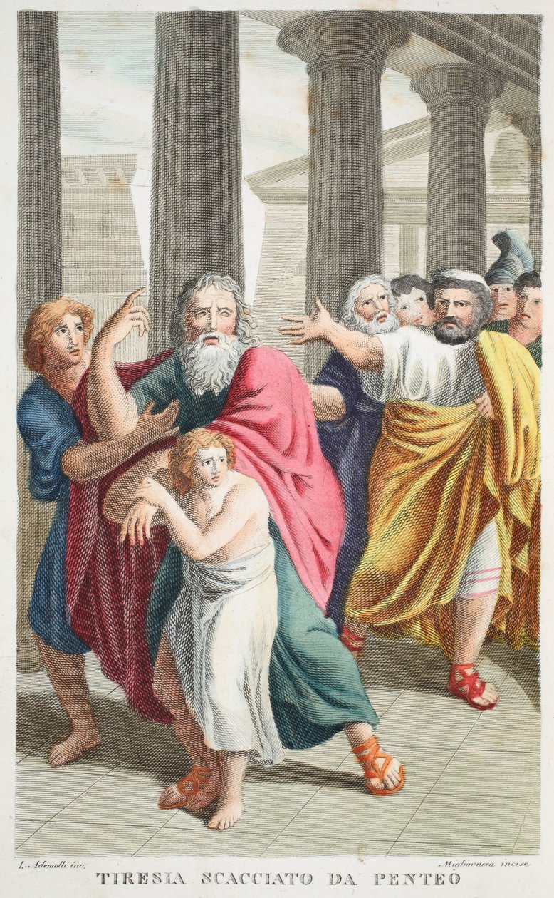 تم رفض Tiresias بواسطة Pentheus أو Tirenia Scacciato da Penteo ، الكتاب الثالث ، رسم توضيحي من Ovid&39;s Metamorphoses ، فلورنسا ، 1832 (النقش اليدوي) بواسطة لويجي أديمولو