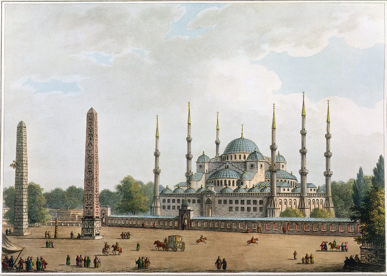 مسجد السلطان أحمد في القسطنطينية ، اللوحة 2 من "مناظر في العثمانيون" ، الحانة. بواسطة R. Bowyer، 1810 (aquatint) بواسطة لويجي ماير