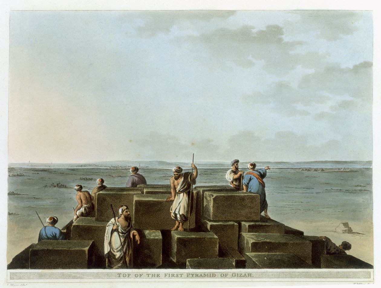 أعلى هرم الجيزة الأول ، اللوحة 4 من "مناظر لمصر" ، نقش عليها توماس ميلتون (1743-1827) حانة. بقلم روبرت بوير (1758-1834) 1801 (أكواتينت) بواسطة لويجي ماير