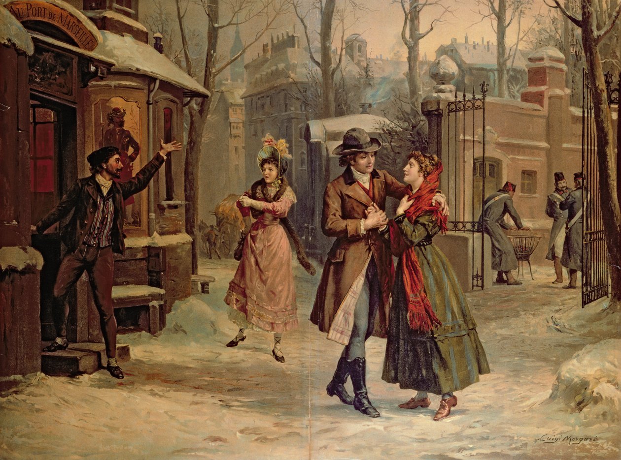 مشهد للمشهد مع ميمي ورودولفو في أوبرا "لا بوهيم" لجياكومو بوتشيني (1858-1924) بواسطة لويجي مورجاري
