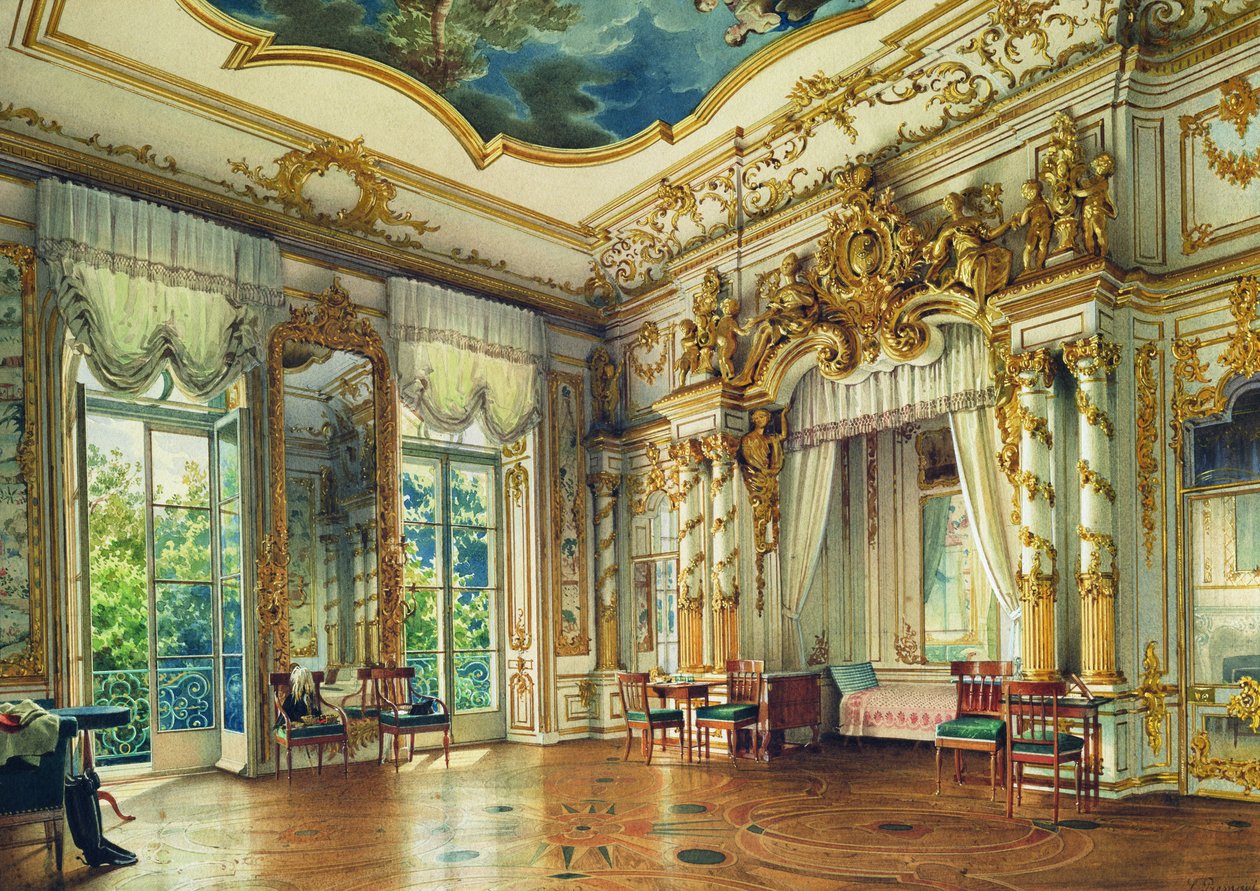 غرفة نوم القيصر ألكسندر الأول في قصر ألكسندر ، Tsarskoye Selo ، 1855 (مرحاض لونه أبيض على ورق) بواسطة لويجي بريمازي