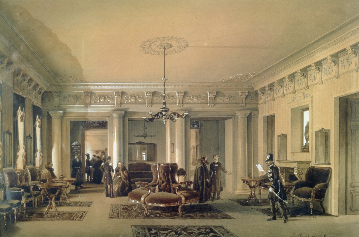 غرفة الانتظار في محطة Stagecoach في سانت بطرسبرغ ، 1848 (مرحاض وجواش على ورق) بواسطة لويجي بريمازي