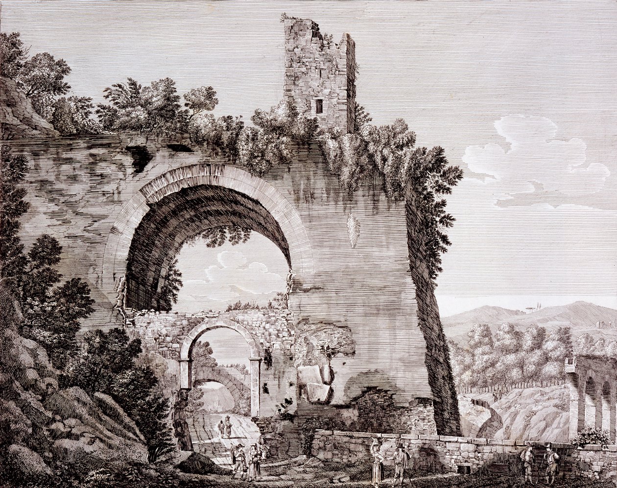 بقايا القناة التي بناها كلوديوس ، والتي جلبت الماء إلى روما القديمة من Anio ، بالقرب من Tivoli ، c.1824-26 بواسطة لويجي روسيني