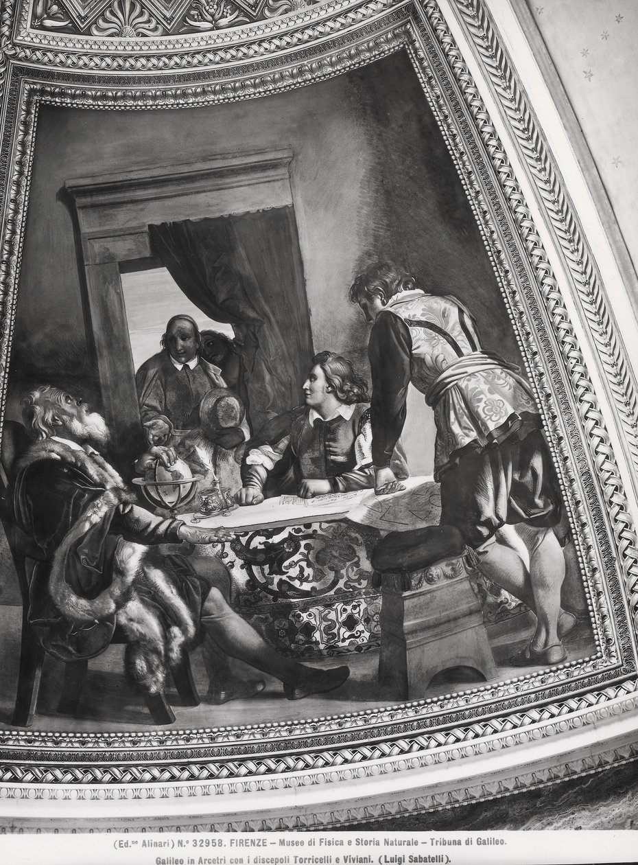 جاليليو جاليلي (1564-1642) في أركتري مع تلاميذه إيفانجليستا توريسيلي (1608-47) وفينشنزو فيفياني (1622-1703) من تريبيون جاليليو بواسطة لويجي ساباتيللي