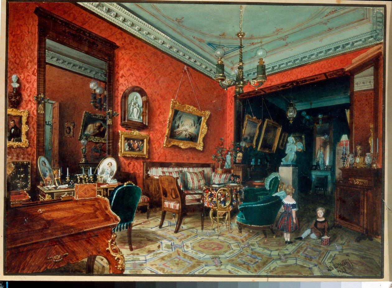 "" غرفة المعيشة "(Salle de sejour) طفلان يلعبان في غرفة المعيشة - ألوان مائية بواسطة لويجي بريمازي (1814-1891) ، حوالي 1840 مجموعة خاصة بواسطة لويجي بريمازي