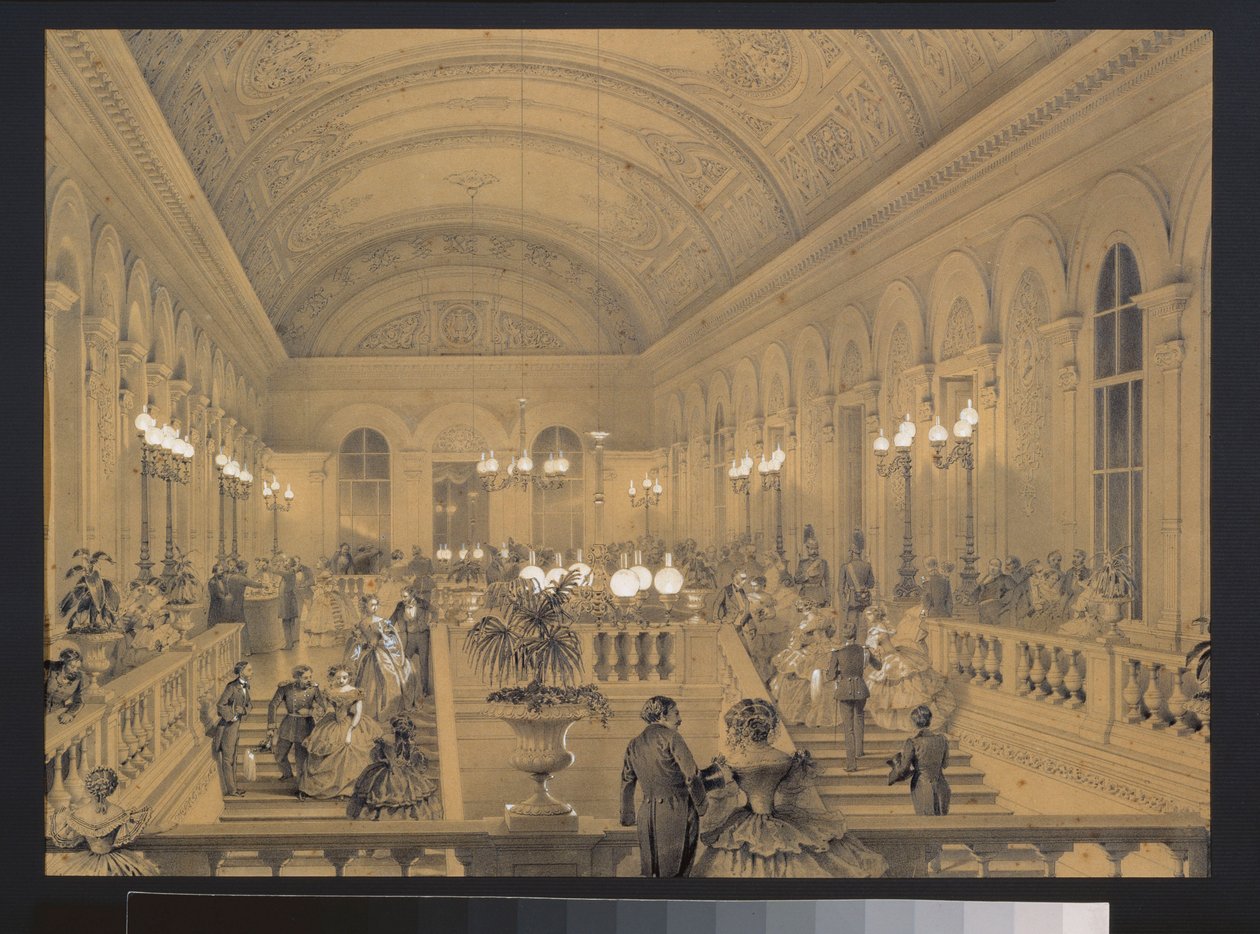 سلم المسرح الإمبراطوري Bolchoi Kammeny ، في سانت بطرسبرغ. عمل فني للويجي بريمازي (1814-1891) ، ألوان مائية وأبيض على ورق ، حوالي عام 1850. الفن الإيطالي بواسطة لويجي بريمازي