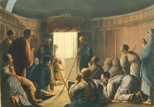 مدخل كنيسة القيامة ، من "مناظر في فلسطين" ، طبعت لندن 1804 (لون ليثو) بواسطة لويجي (بعد) ماير