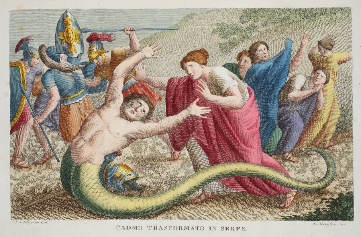 Cadmus إلى ثعبان أو Cadmo Transformato في Serpe ، الكتاب الرابع ، رسم توضيحي من تحولات Ovid ، فلورنسا ، 1832 (نقش يدوي) بواسطة لويجي أديمولو
