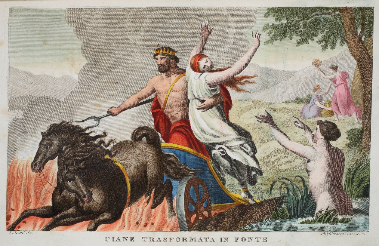 Cyane and the Rape of Proserpina or Ciane Transformata in Fonte، Book V، Illustration from Ovid&39;s Metamorphoses، Florence، 1832 (النقش اليدوي) بواسطة لويجي أديمولو