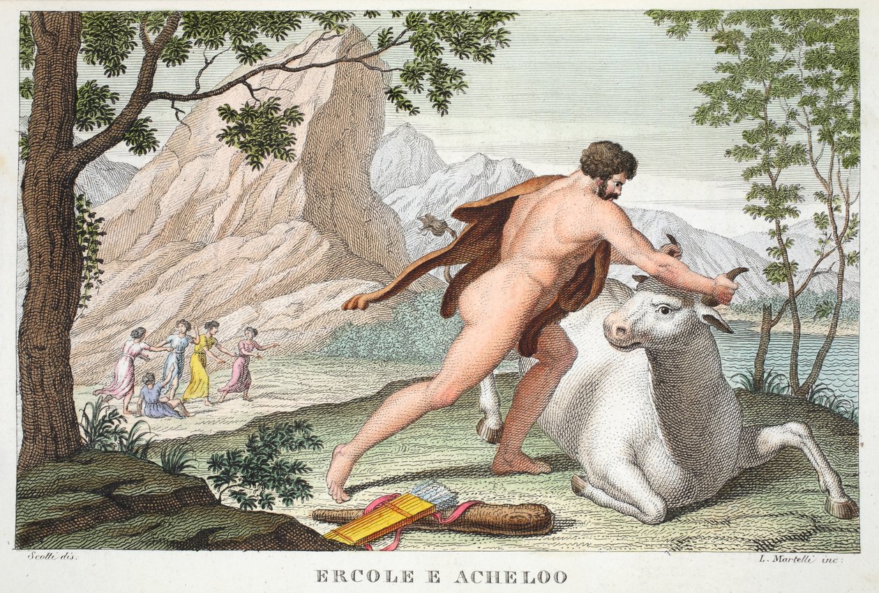 هرقل و Achelous أو Ercole e Acheloo ، الكتاب التاسع ، رسم توضيحي من تحولات أوفيد ، فلورنسا ، 1832 (نقش يدوي) بواسطة لويجي أديمولو