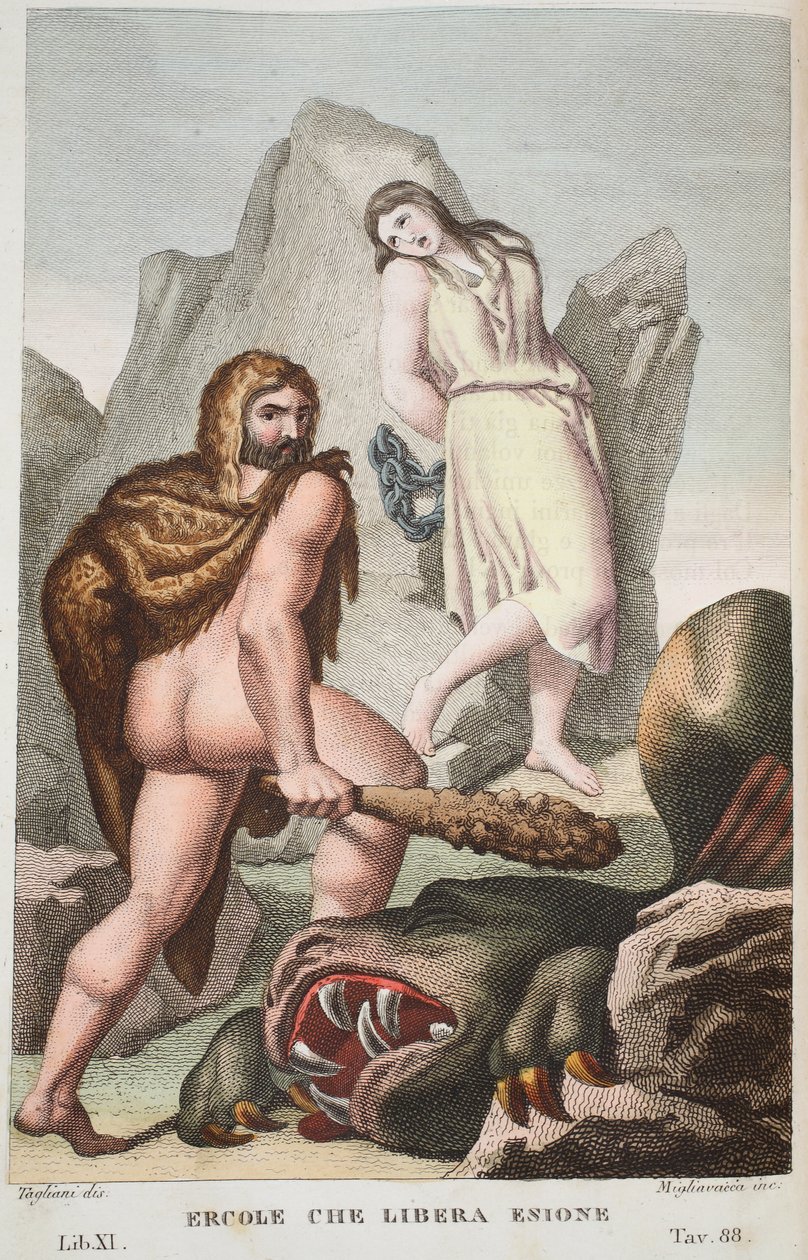 هرقل يحفظ Hesione أو Ercole che Libera Enione ، الكتاب الحادي عشر ، رسم توضيحي من Ovid&39;s Metamorphoses ، فلورنسا ، 1832 (نقش يدوي) بواسطة لويجي أديمولو