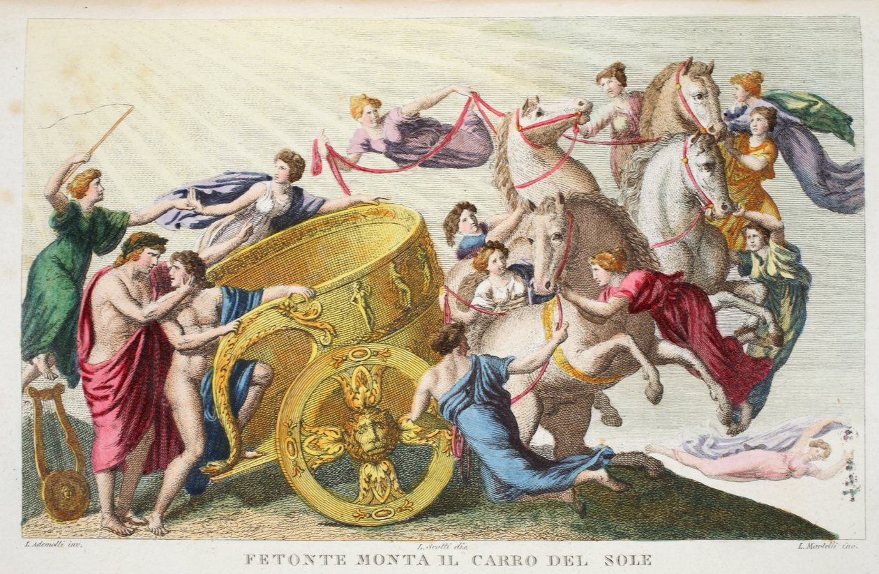 Phaeton يقود عربة الشمس أو Fetonte Monta il Carro del Sole ، الكتاب الثاني ، التوضيح من Ovid&39;s Metamorphoses ، فلورنسا ، 1832 (النقش اليدوي) بواسطة لويجي أديمولو