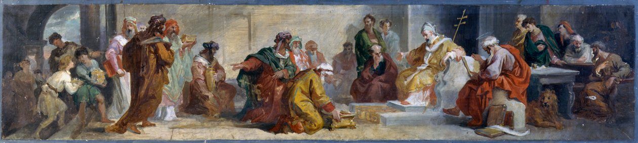 البابا داماسوس يستقبل شخصيات من الشرق ، بواسطة لويجي فونتانا (1827-1908) ، رسم تحضيري للوحات الجدارية في بازيليك سان لورينزو في داماسو في روما ، إيطاليا بواسطة لويجي فونتانا