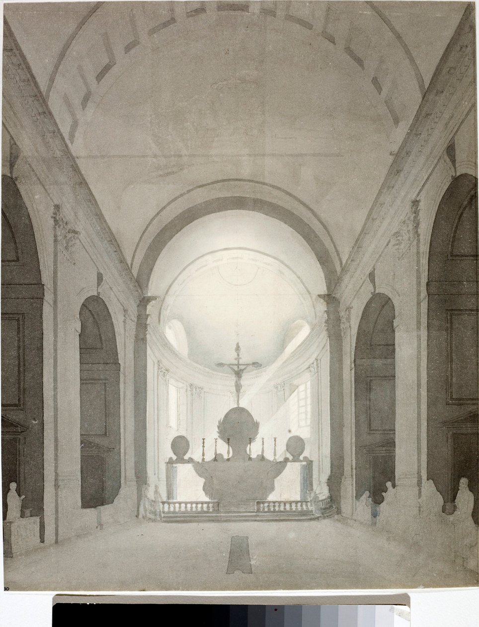 منظر داخلي لكنيسة (الرسم والألوان المائية ، حوالي 1825) بواسطة لويجي جاريبو