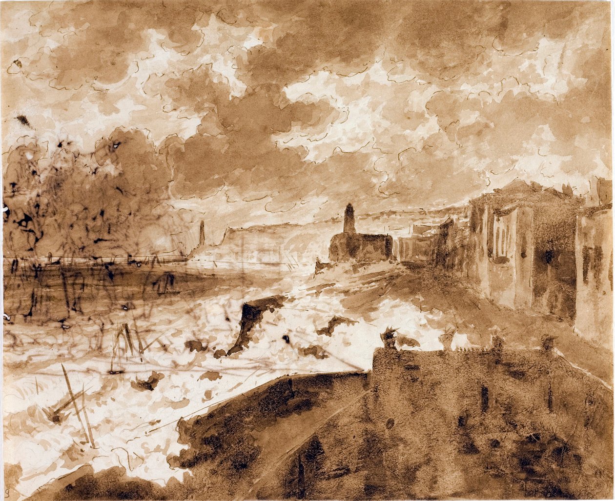 شاطئ البحر في جنوة ، خلال أمواج المد عام 1821 (ألوان مائية ، حوالي 1821) بواسطة لويجي جاريبو