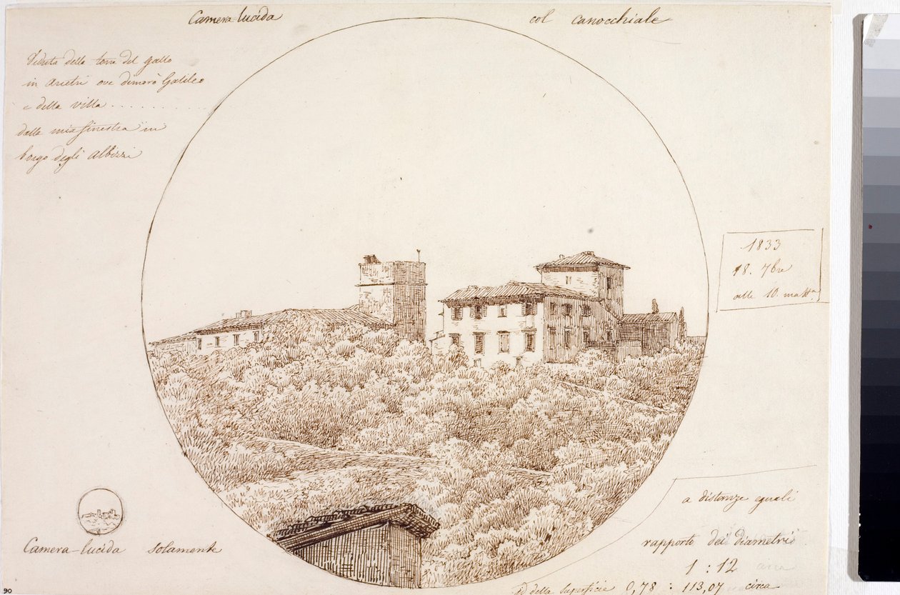 منظر تلسكوب لتوري ديل جالو في Arcetri بالقرب من فلورنسا (رسم ، حوالي 1833) بواسطة لويجي جاريبو