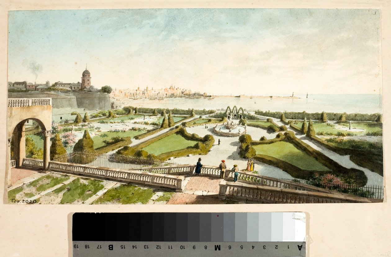 حديقة فيلا الأمير دوريا وجنوة في الخلفية (الرسم والألوان المائية ، حوالي 1825) بواسطة لويجي جاريبو