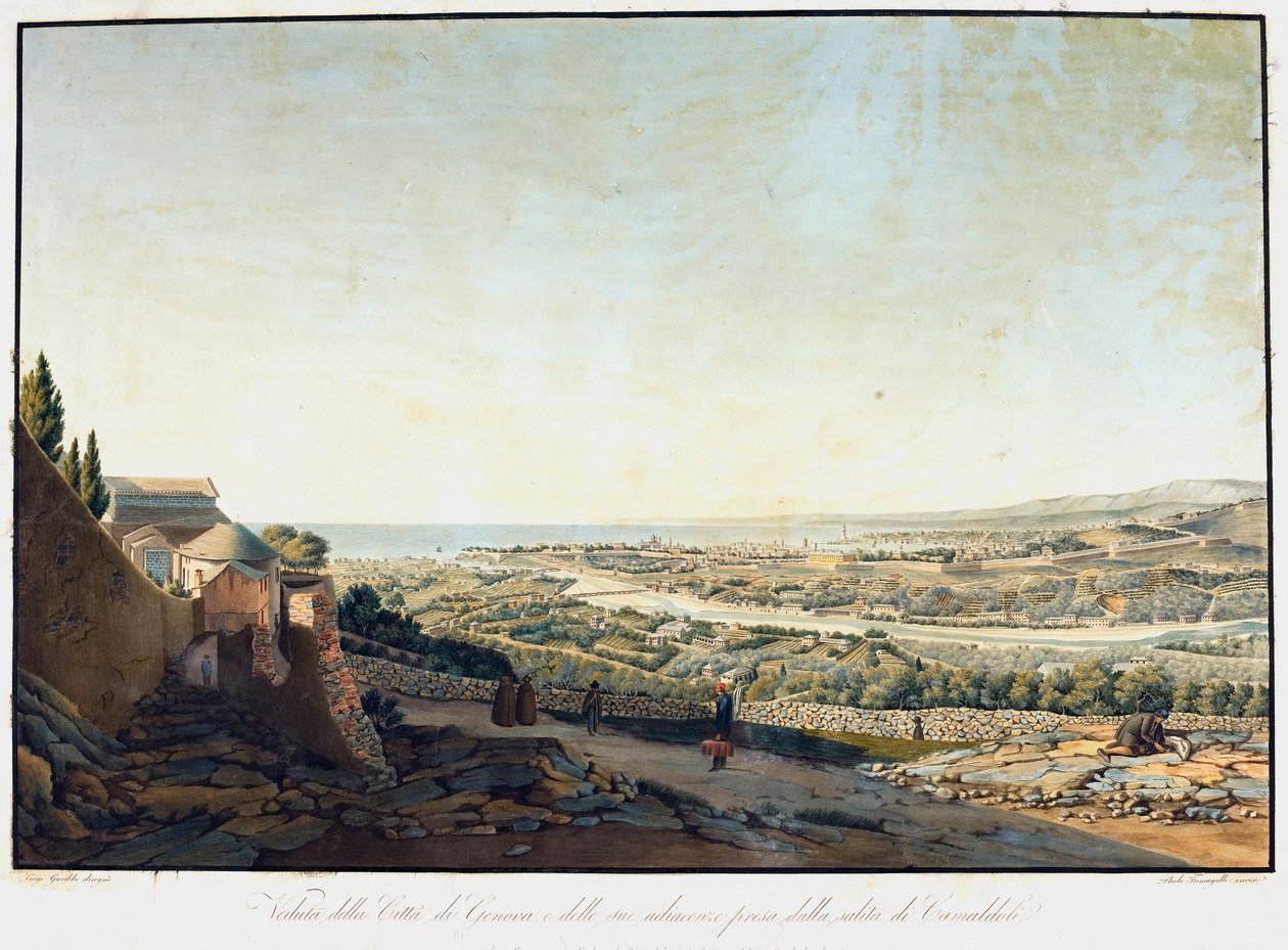 منظر جنوة والمناطق المحيطة بها من الطريق إلى Camaldoli (Etching بواسطة لويجي جاريبو