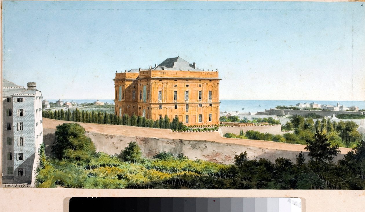 منظر من Palazzo Pallavicini يسمى Palazzo delle Peschiere ، جنوة (ألوان مائية ، حوالي 1825) بواسطة لويجي جاريبو