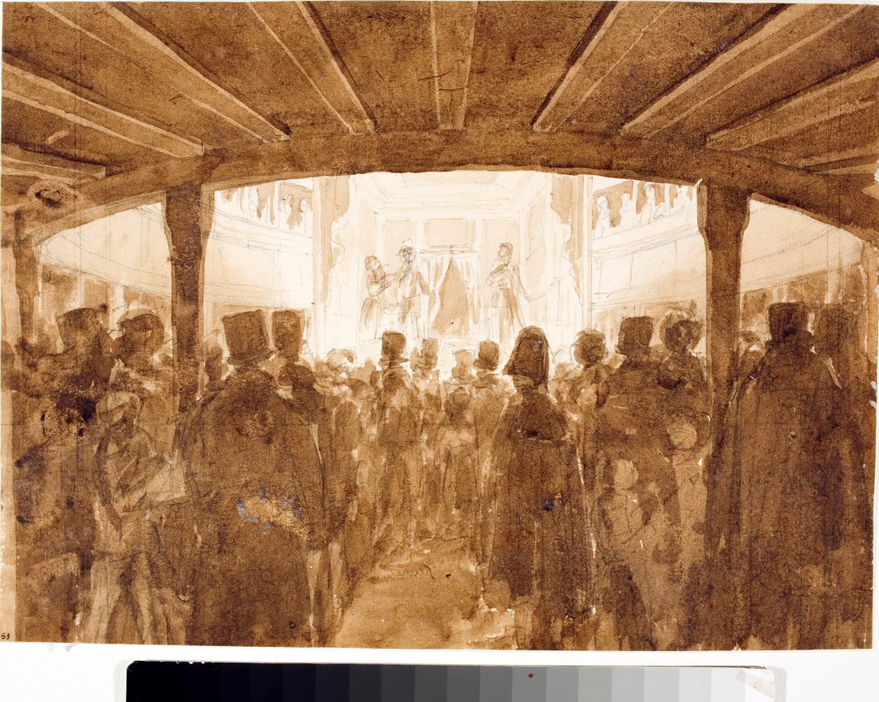 منظر لأرضية المسرح إحدى أمسيات التمثيل (ربما مسرح سانت أغوستينو في جنوة) (ألوان مائية ، حوالي 1814) بواسطة لويجي جاريبو