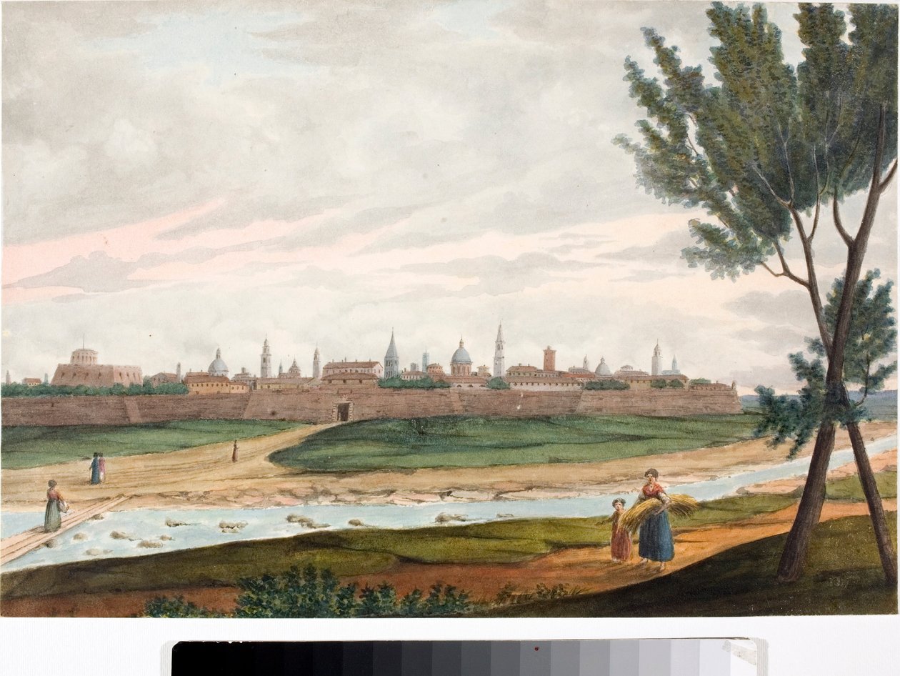 منظر لمدينة مسورة ، من المحتمل أن تكون لوكا في توسكانا (بالحبر والألوان المائية ، حوالي 1820) بواسطة لويجي جاريبو