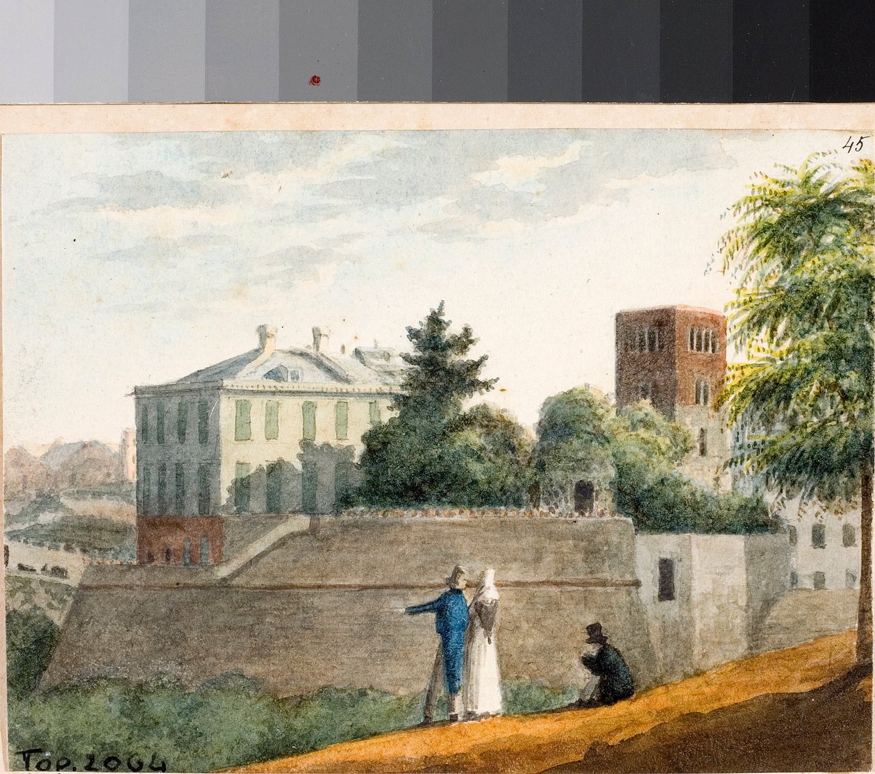 منظر لقلاع وبرج جرس سانتو ستيفانو ، جنوة (ألوان مائية ، حوالي 1825) بواسطة لويجي جاريبو