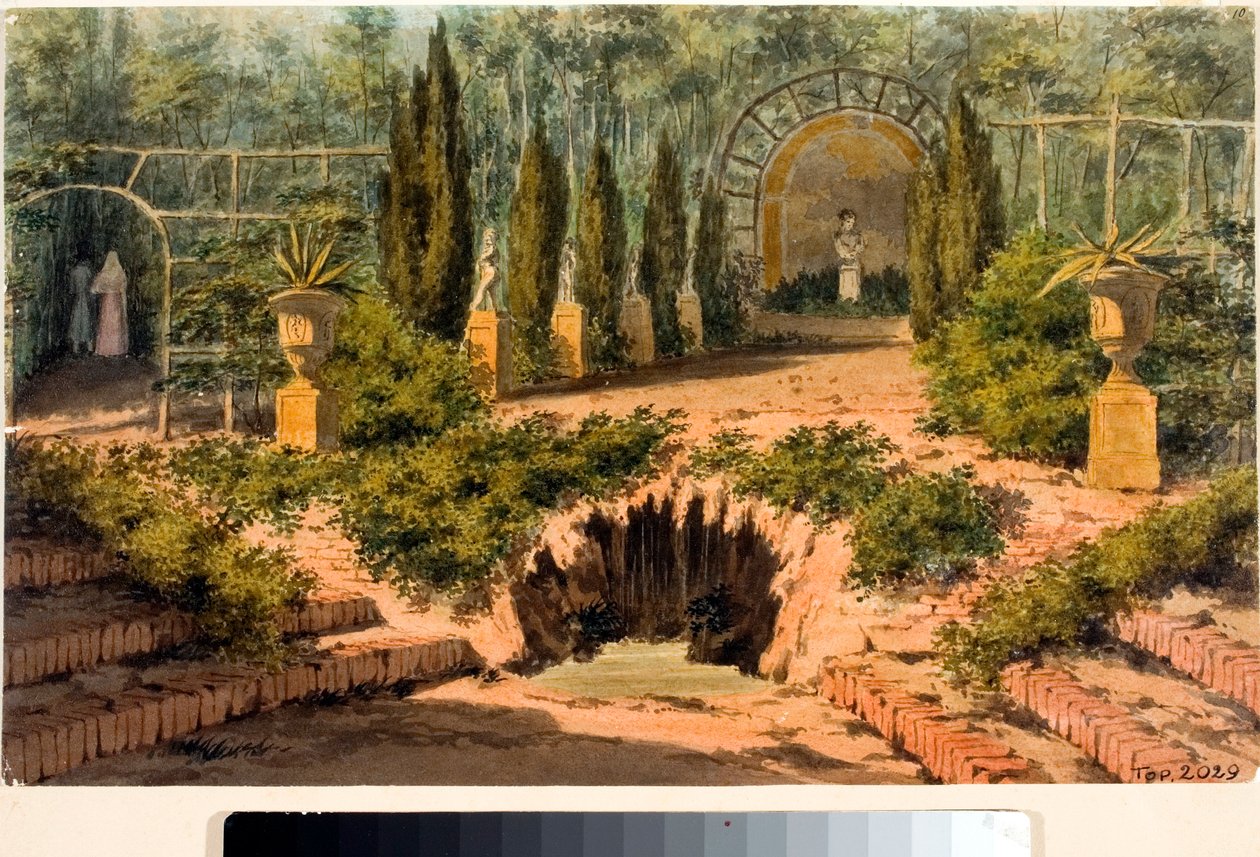 منظر لحديقة فيلا Doria a Pegli بالقرب من جنوة (ألوان مائية ، حوالي 1825) بواسطة لويجي جاريبو