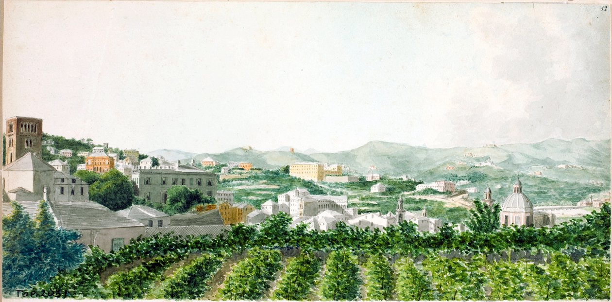 منظر لمدينة جنوة مع برج جرس سانتو ستيفانو (ألوان مائية ، حوالي 1825) بواسطة لويجي جاريبو