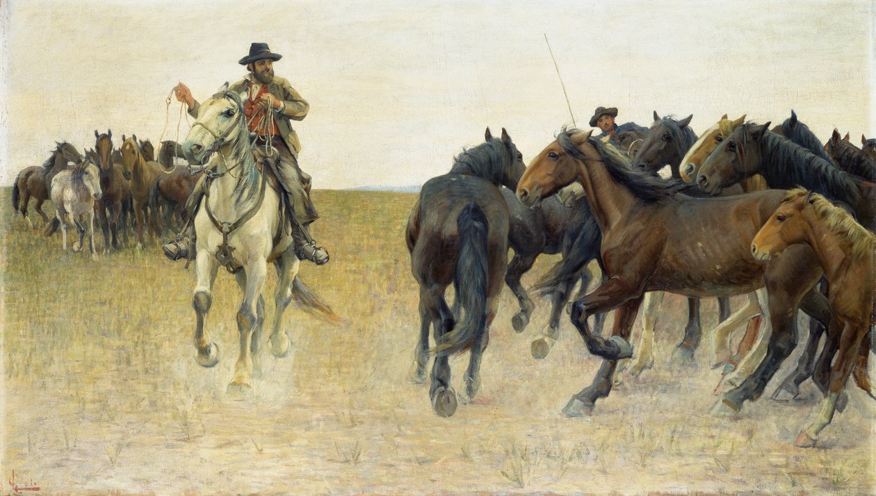 Horses on the Pisan plain (oil on canvas) بواسطة لويجي جيولي