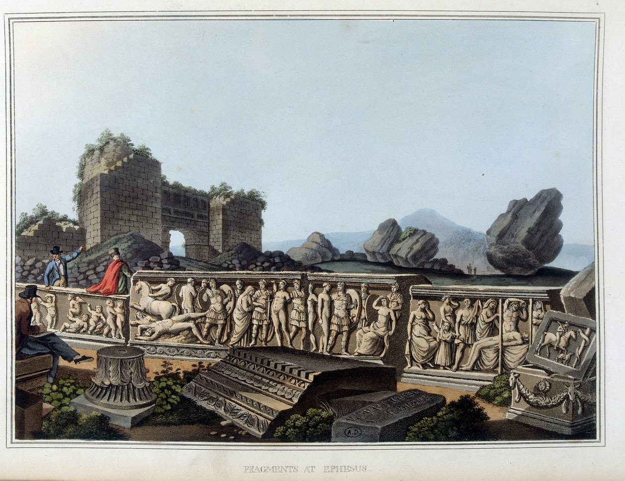 أطلال وإفريز منحوت في مدينة أفسس اليونانية القديمة سابقًا ، واليوم في تركيا. في "" مناظر في السيادة العثمانية ، في أوروبا ، في آسيا ، وبعض جزر البحر الأبيض المتوسط من الرسوم الأصلية التي التقطها لويجي ماير ، لندن بواسطة لويجي ماير