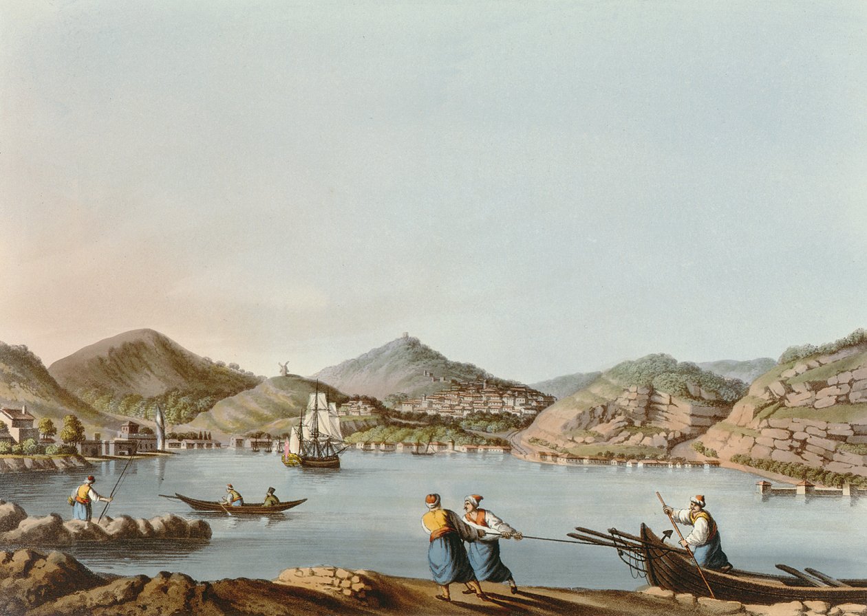 الميناء الغربي لجزيرة ساموس ، اللوحة 60 من فيوز في العثمانيون ، الحانة. بواسطة R. Bowyer، 1810 (aquatint) بواسطة لويجي ماير