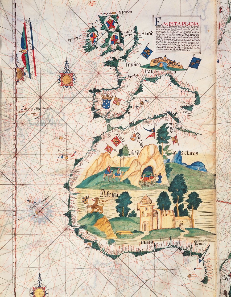 Fol.5v خريطة لبريطانيا العظمى وأوروبا وشمال غرب أفريقيا ، من موقع Portugalaliae Monumenta Cartographica ، سرد لاكتشافات Fernao Gomez في الفترة من 1470-75 ، 1563 بواسطة لويس لازارو