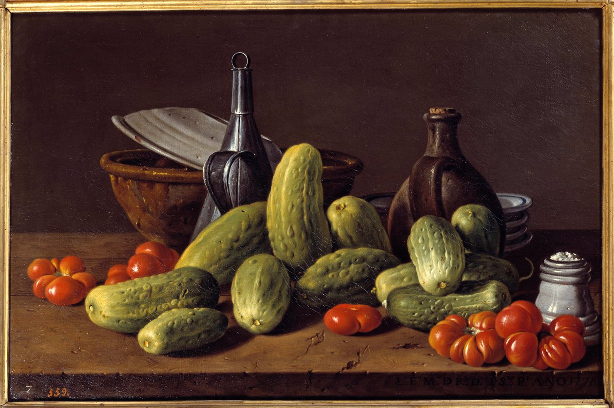 باق على قيد الحياة: الخيار والطماطم والحاويات. لوحة لويس ميلينديز (1716 - 1780) بواسطة لويس إيجيديو مينينديز أو ميلينديز
