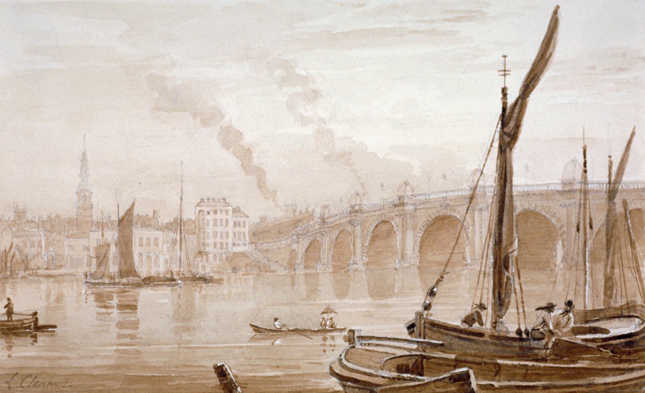 منظر لجسر بلاكفريارز من شاطئ ساري ، مع قوارب في المقدمة ، لندن ، c1825 بواسطة لوك كلينيل