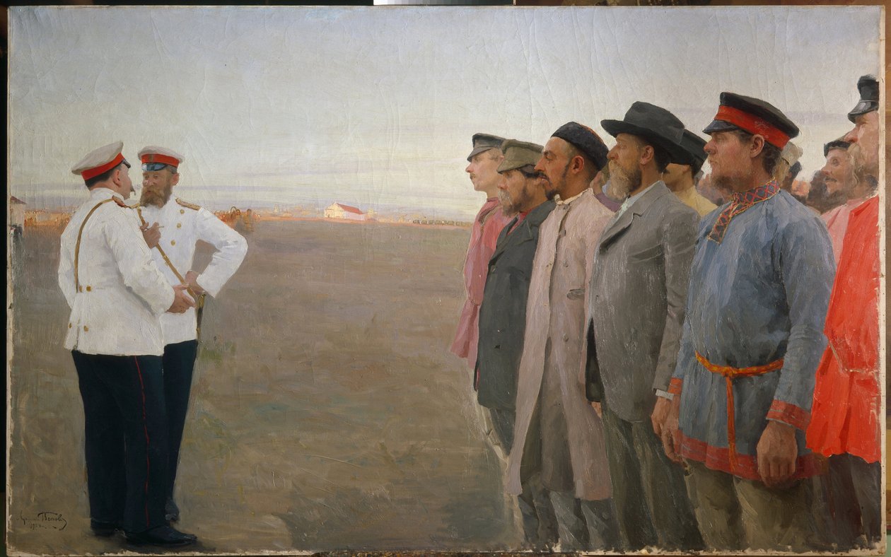 تجنيد - رسم للوكيان فاسيليفيتش بوبوف (1873-1914) ، زيت على قماش بواسطة لوكجان فاسيليفيتش بوبوف