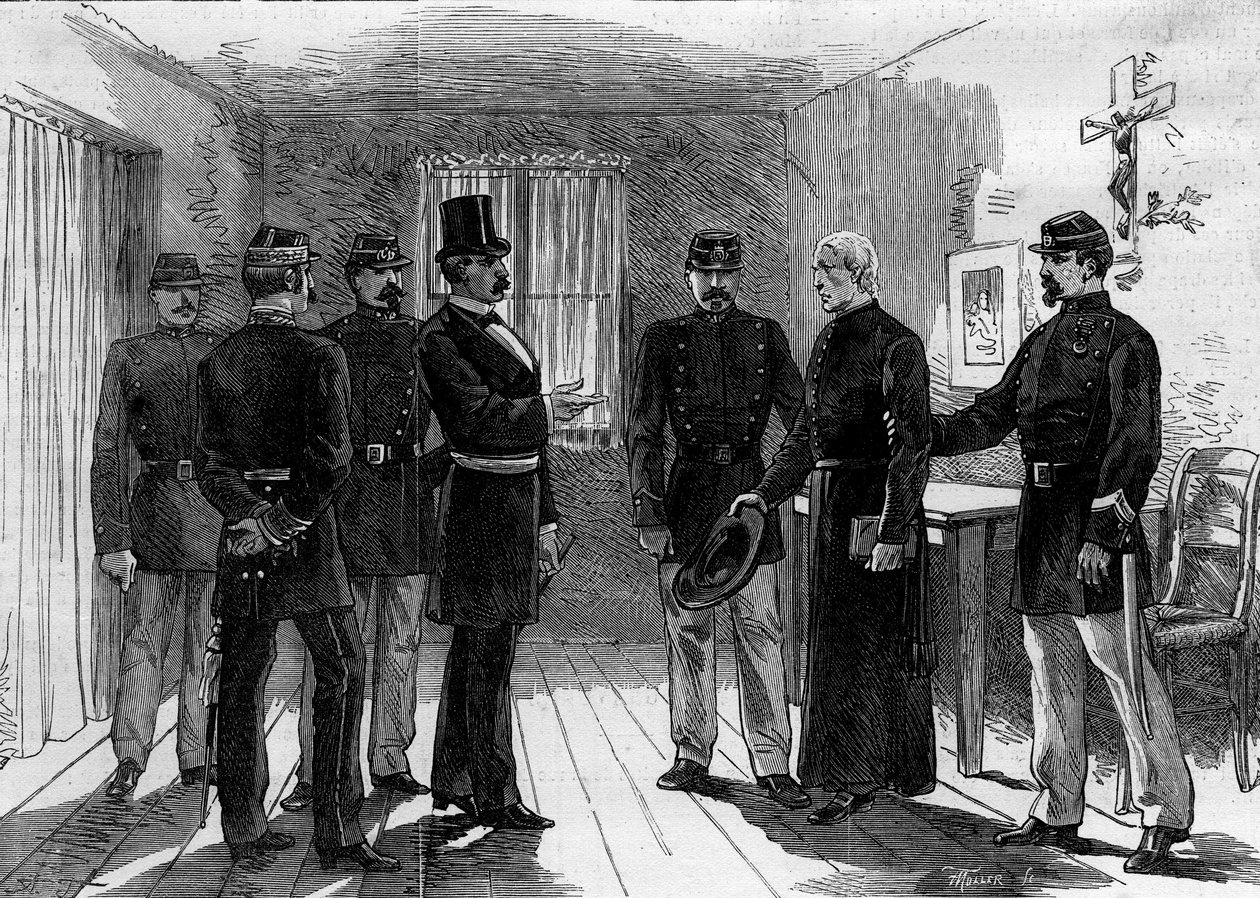 ترحيل اليسوعيين من شارع سيفرس في باريس بعد المراسيم الصادرة في مارس 1880 عن جول فيري وإلغاء الحق في تعليم أعضاء التجمعات الدينية غير المصرح بها: اعتقال أب يسوعي في زنزانته. 30 يونيو 1880. En بواسطة م (بعد) فرديناندوس