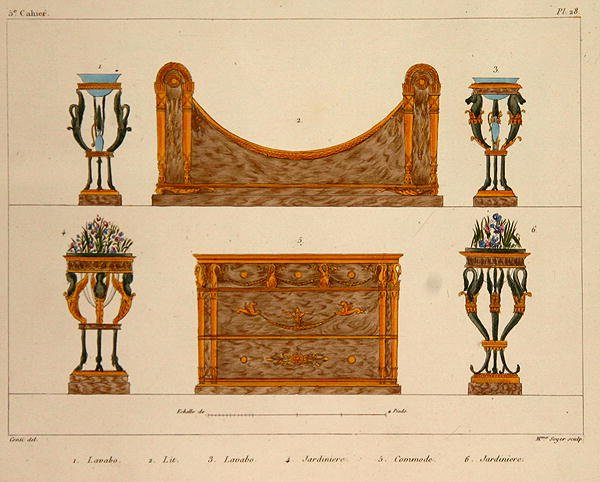 تصميمات الأثاث ، محفورة بواسطة السيدة سويير ، اللوحة 28 من "نماذج الأثاث والديكورات الداخلية للأثاث" ، المنشور 1828/41 (ليثو ملون) بواسطة م (بعد) سانتي