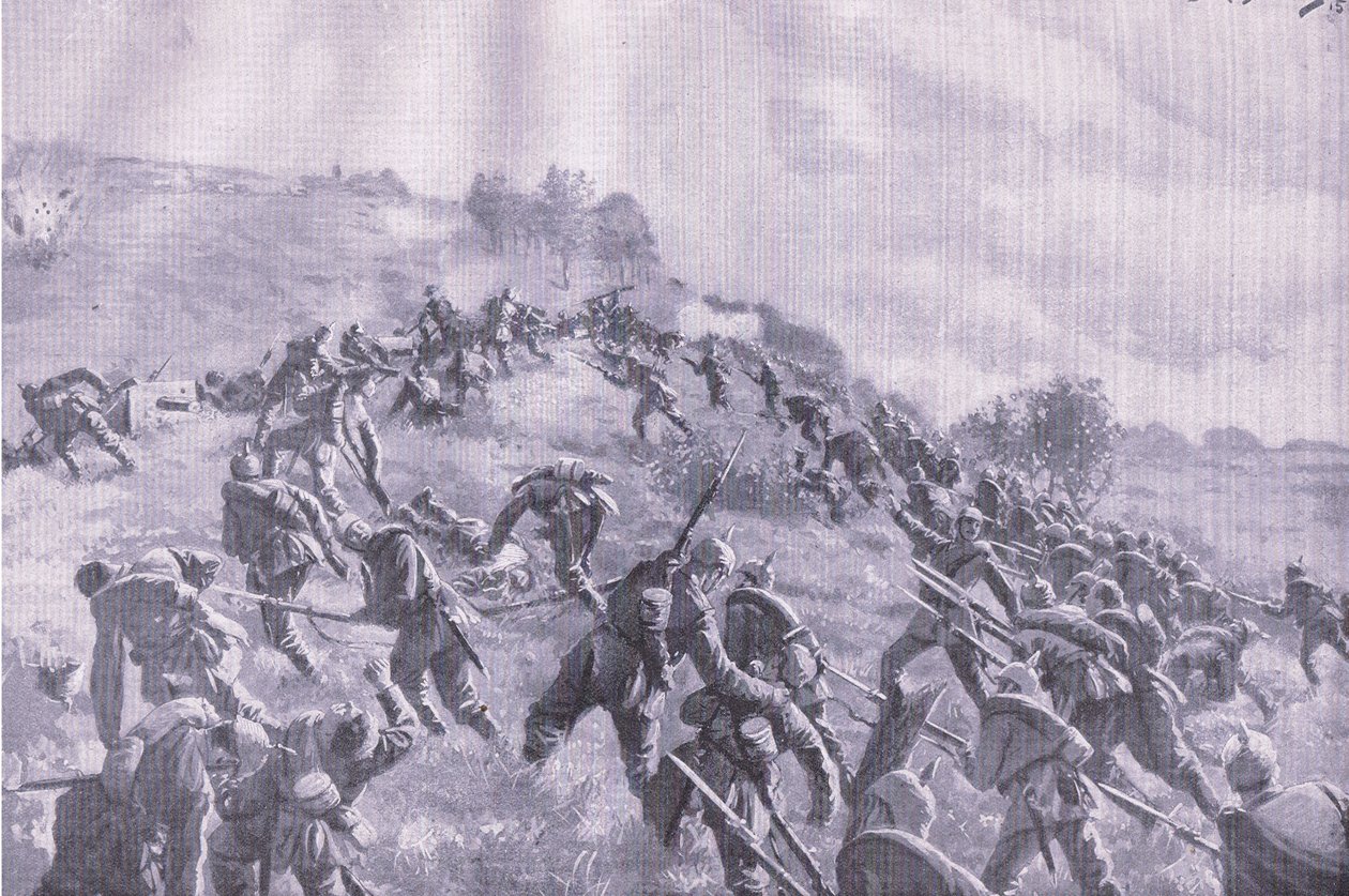 استعادة سزاول. اقتحام التلال ، من حانة التاريخ المصور للحرب العالمية 1914-1915. بواسطة Union Berlagsefellfchaft بواسطة م. باراسكودس