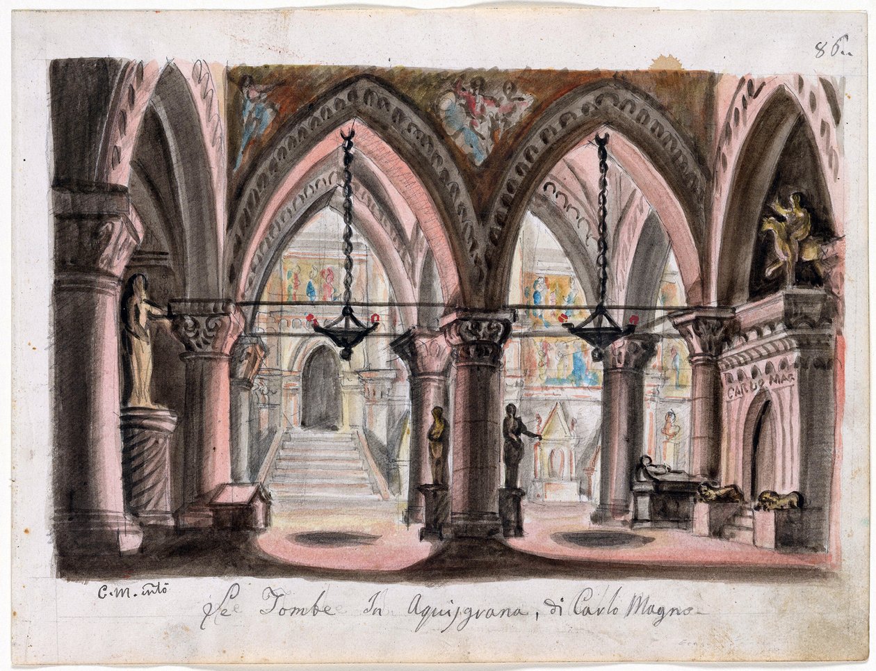 Le tombeau de Charlemagne a Aix-la-Chapelle - تصميم محدد لأوبرا إرناني بواسطة جوزيبي فيردي - إم كونتي (1810-1886). ألوان مائية على ورق الأبعاد: 22 × 29 سم ، مكتبة ومتحف مورغان ، نيويورك بواسطة إم كونتي