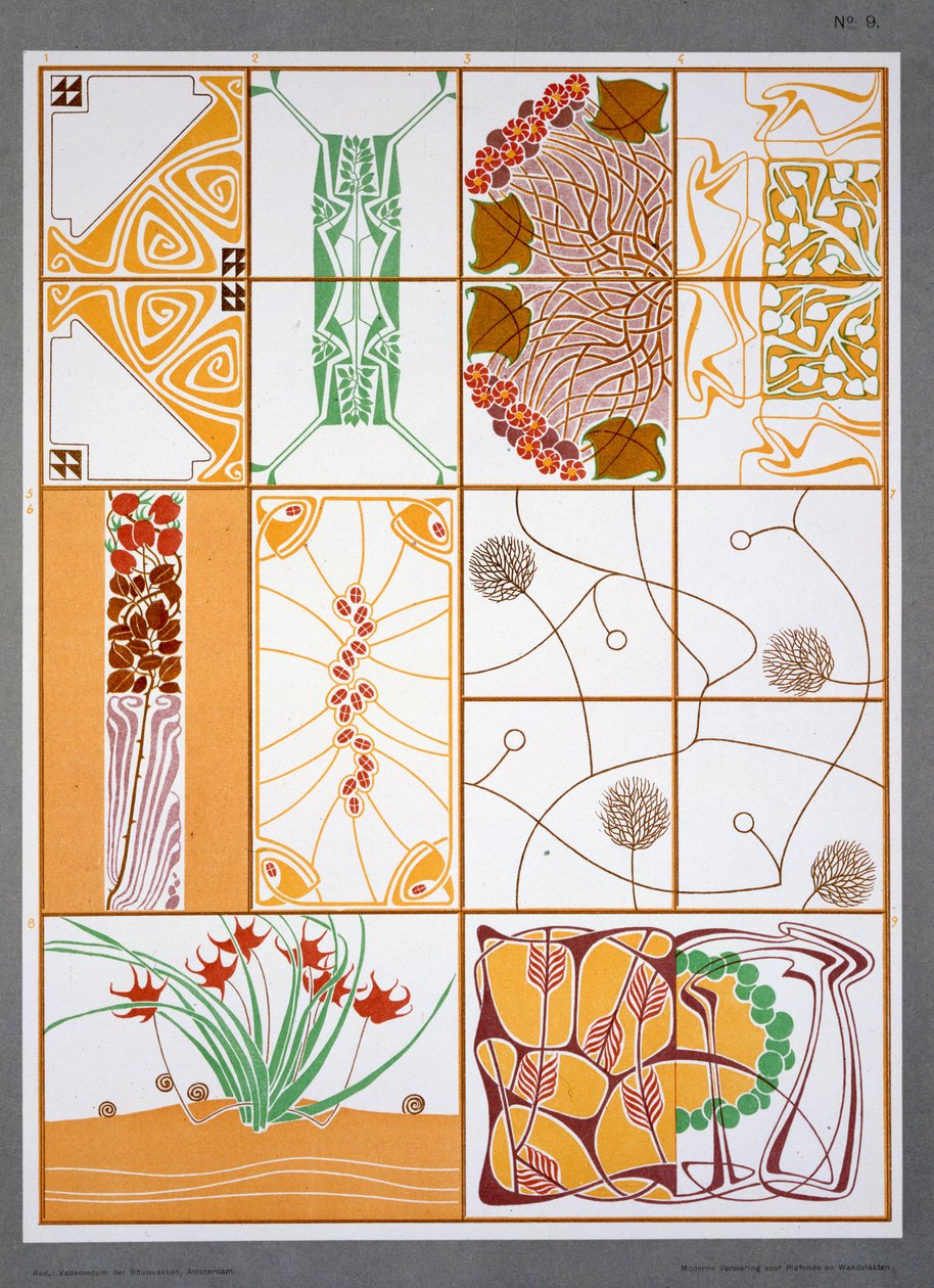 رسم توضيحي من "التصاميم الحديثة للأسقف والجدران" بقلم M.J.Gradl ، تم نشره في أوائل القرن العشرين (لون ليثو) بواسطة إم جي جرادل