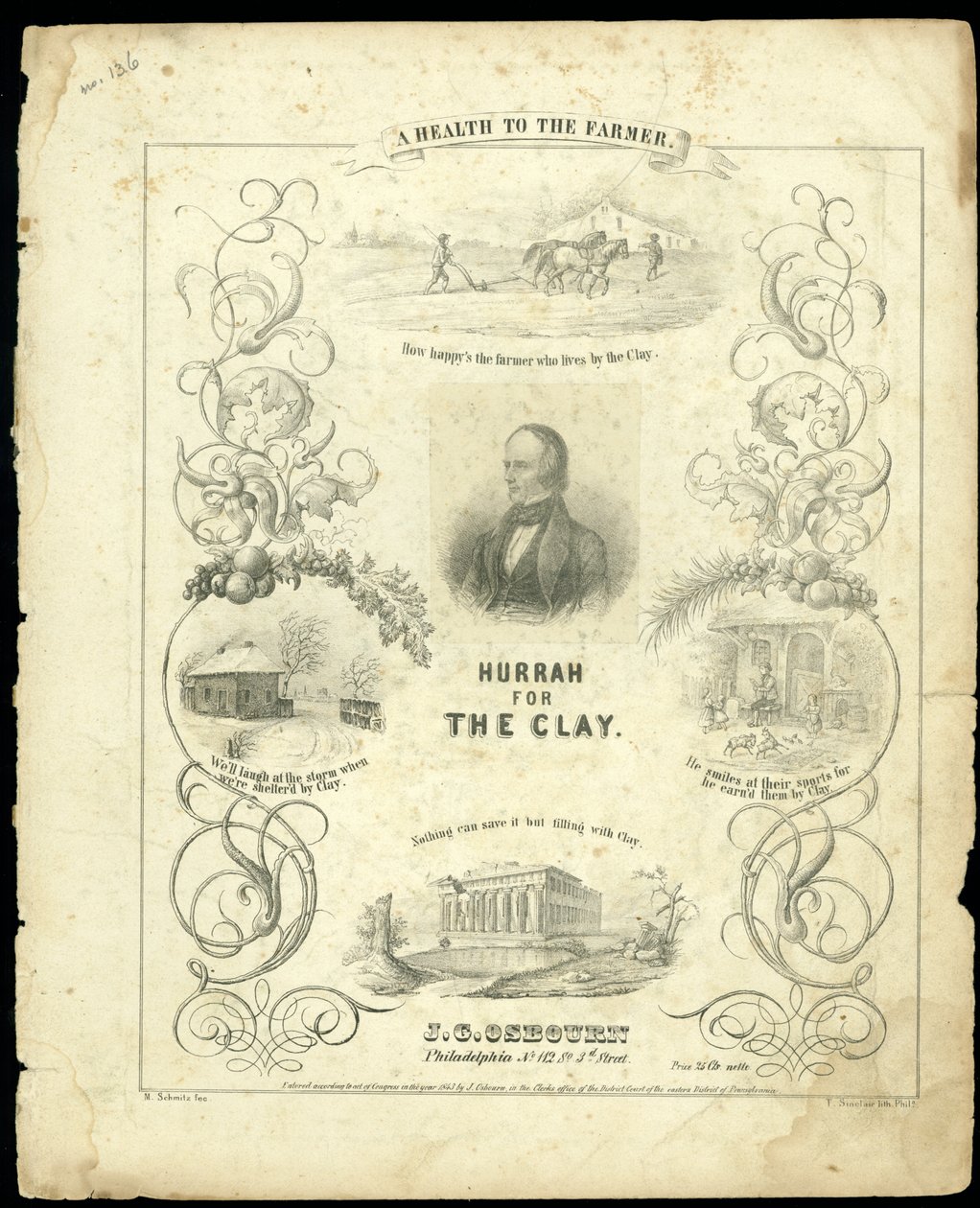 غلاف صفحة درجات "Hurray for the Clay" ، التي نقشها T.Sinclair ، 1843 بواسطة م شميتز